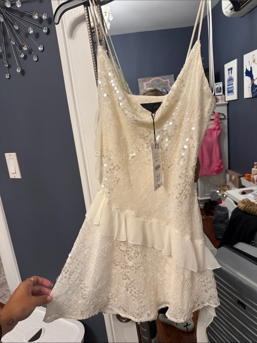 ZARA Ivory Sequin & Lace Ruffle Mini Dress